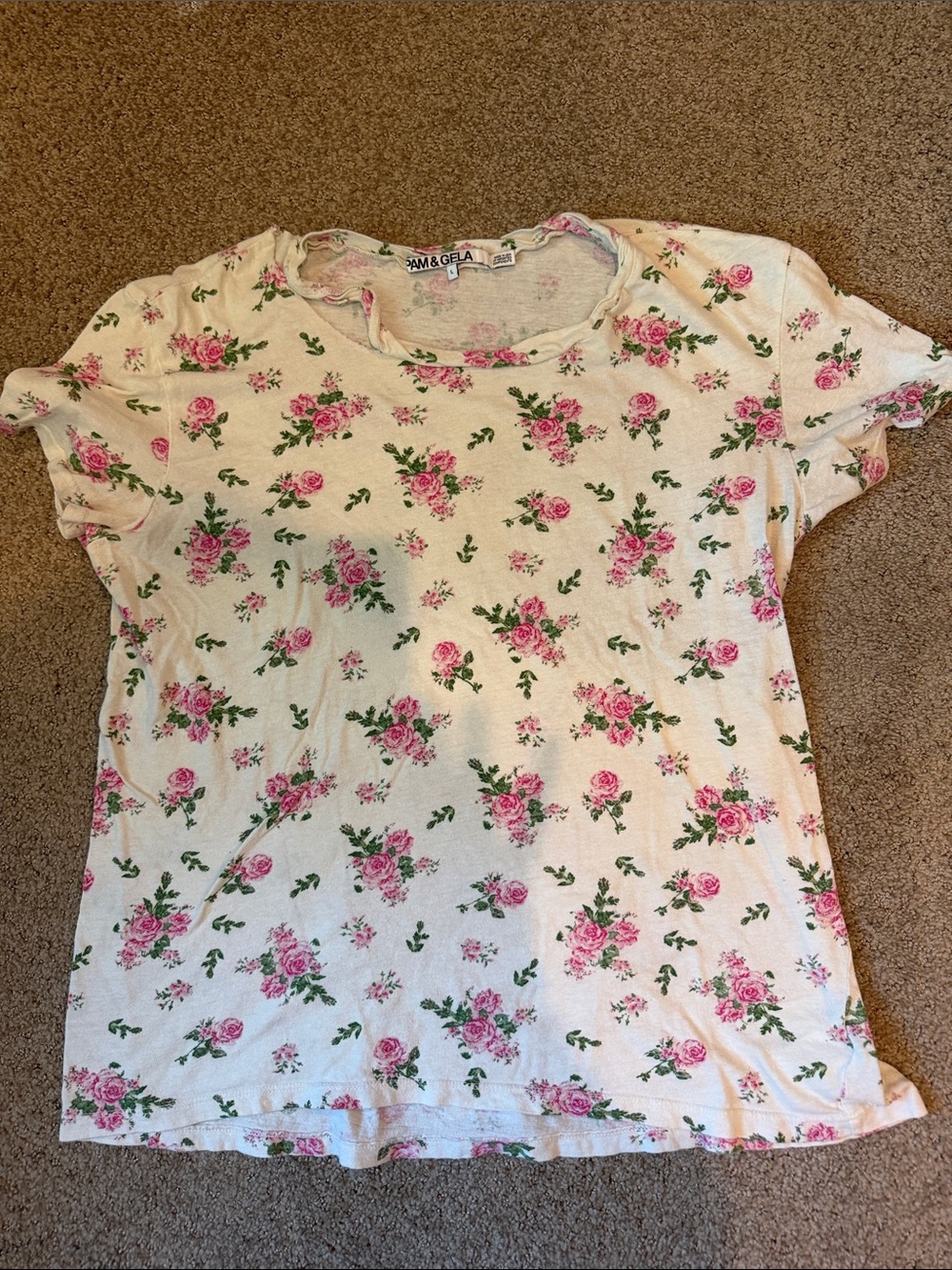 Pam & Gela Cream Short Sleeve Tee with Pink Rose Print